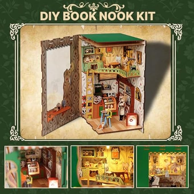 DIY BOOK NOOK KIT, 3D WOODEN PUZZLE MINIATURE BOOKSHELF DECOR WITH LED LIGHTING, CRAFT SET ADULTS, DIY DOLLHOUSE WOODEN HOUSE KIT (CAT COFFEE HOUSE) - Image 2